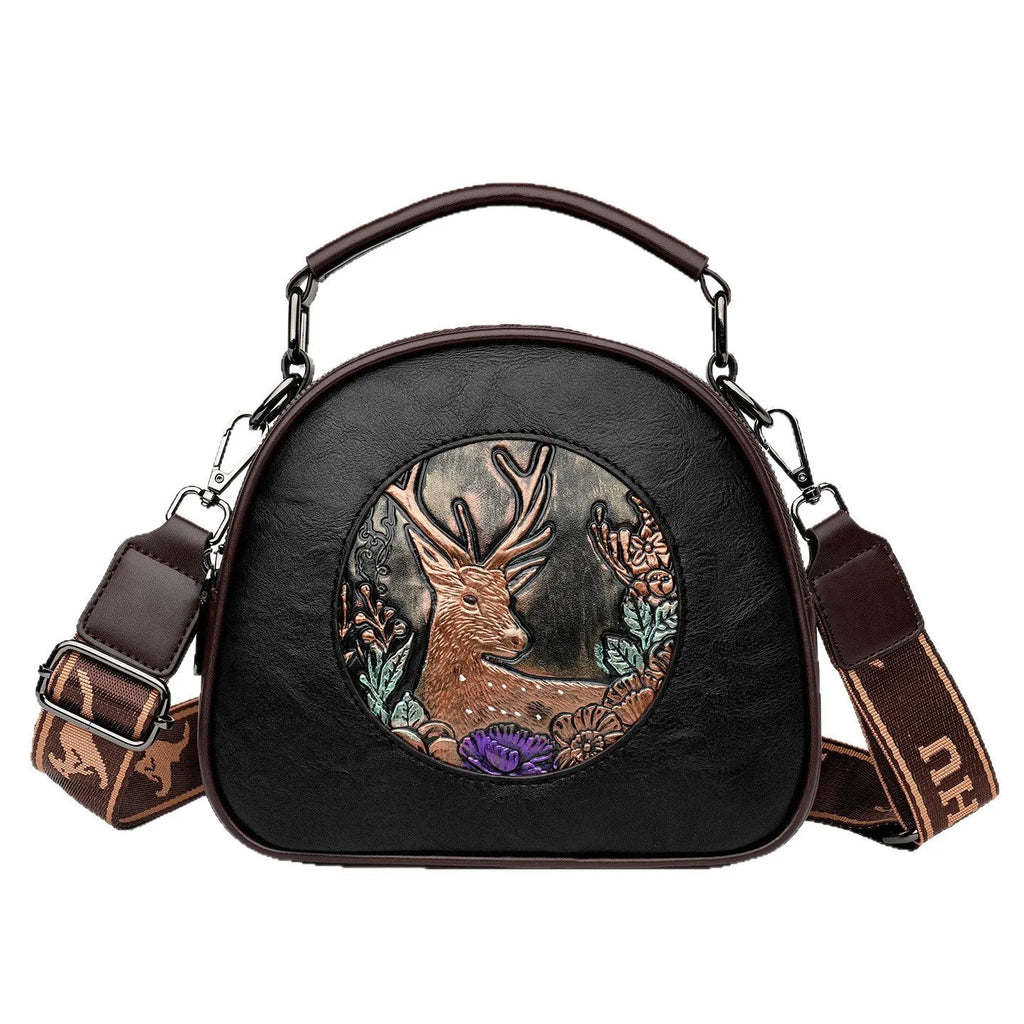 Retro embossing large capacity women's handbag in black with plaid and chain details, PU material, horizontal square shape