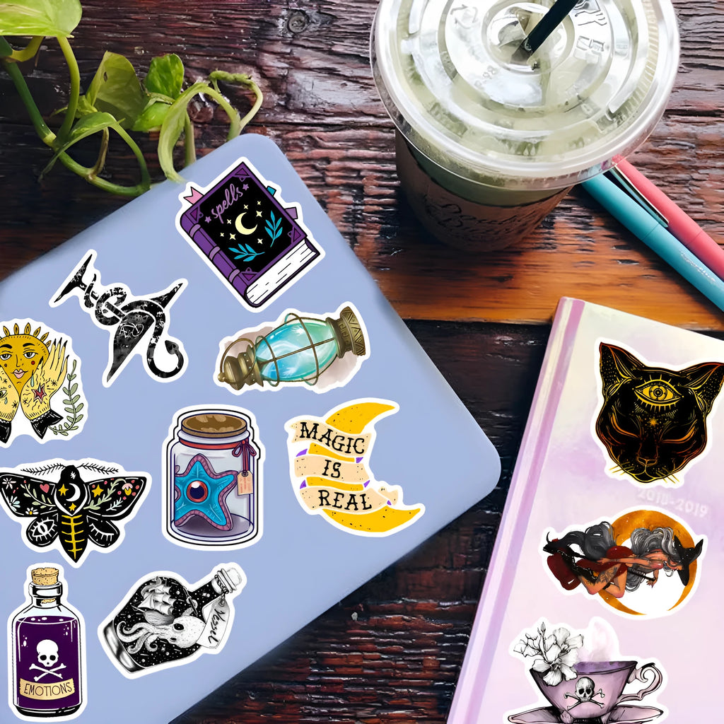 Pack of 50 colourful waterproof PVC stickers for luggage and scooter personalisation.