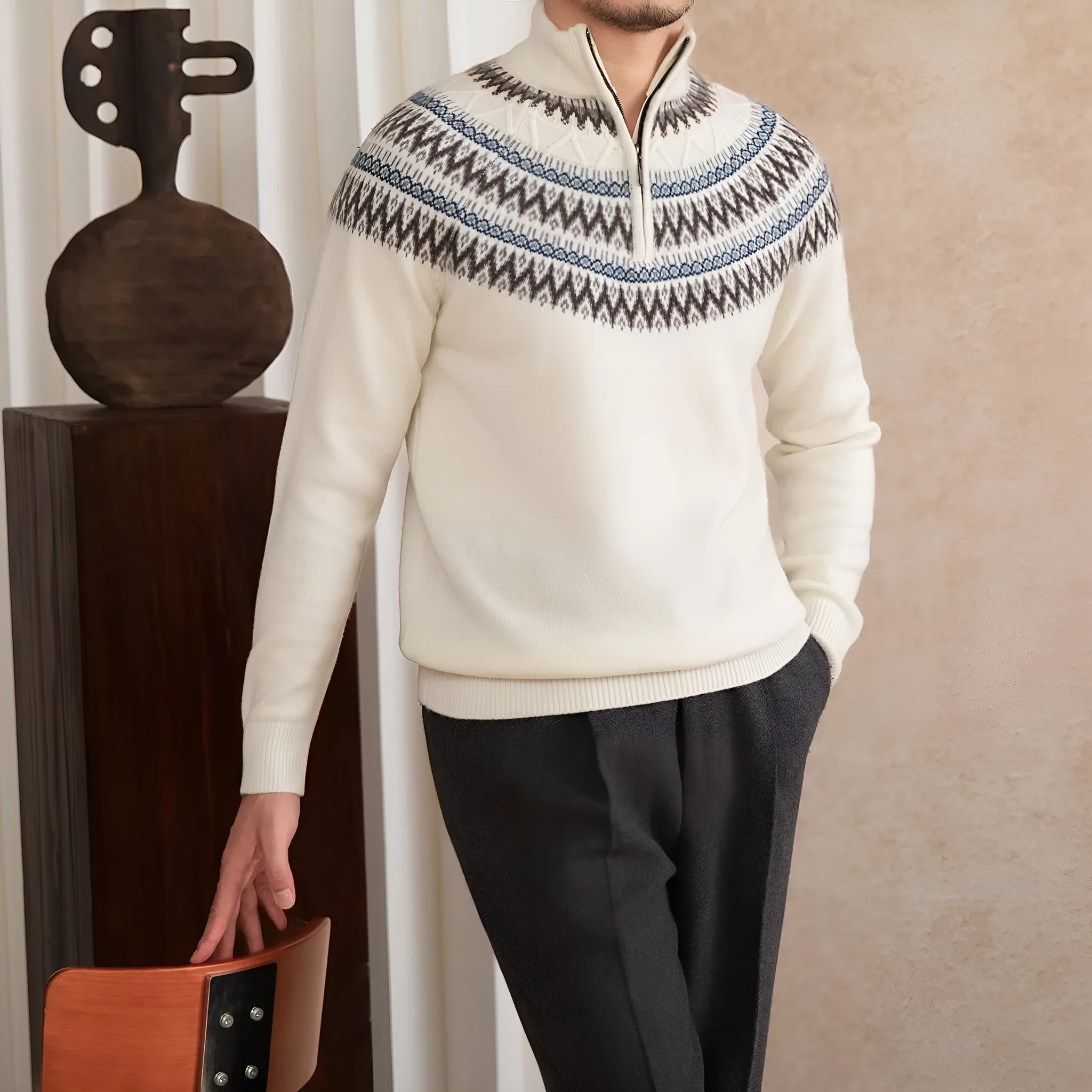 Wool slim fit stand collar embroidered sweater in medium gray with zipper placket, men's long sleeve vintage style