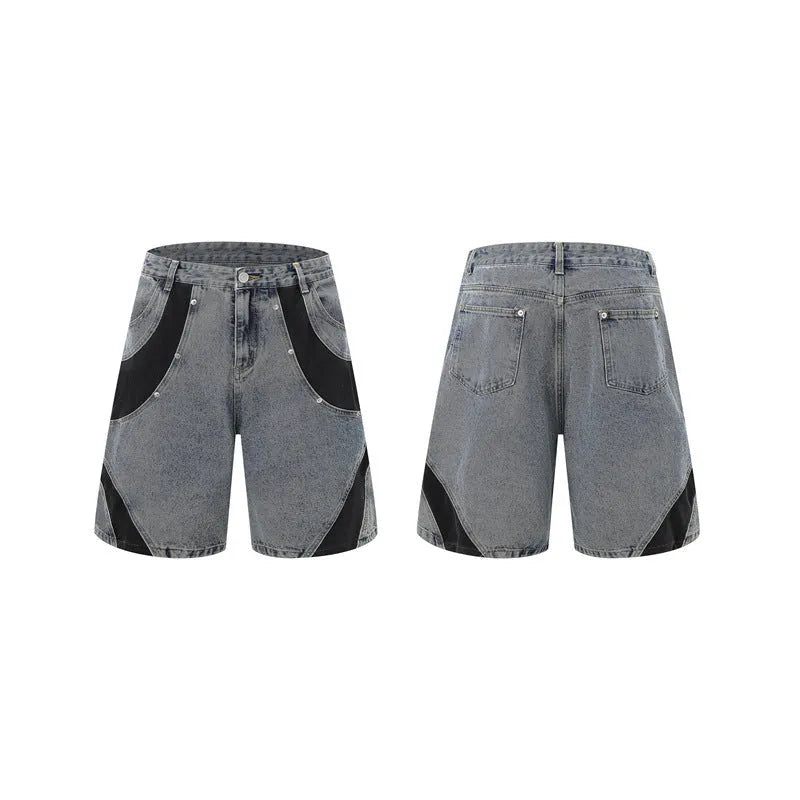 Retro washed denim suit comprising a short-sleeved jacket and trousers in blue.