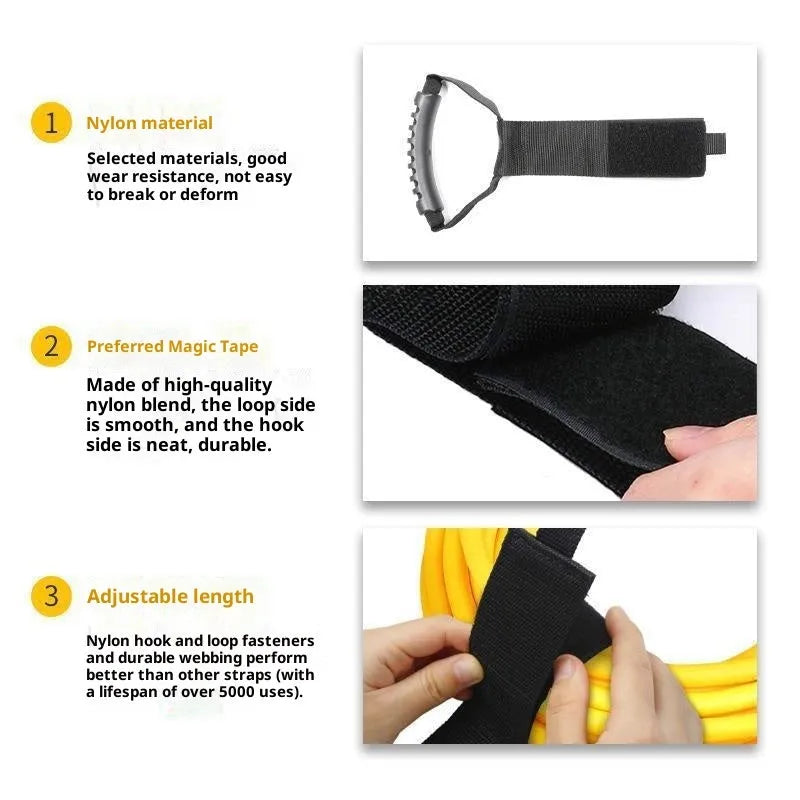 Portable heavy-duty nylon storage strap with Velcro handle in standard colour for outdoor gear organisation