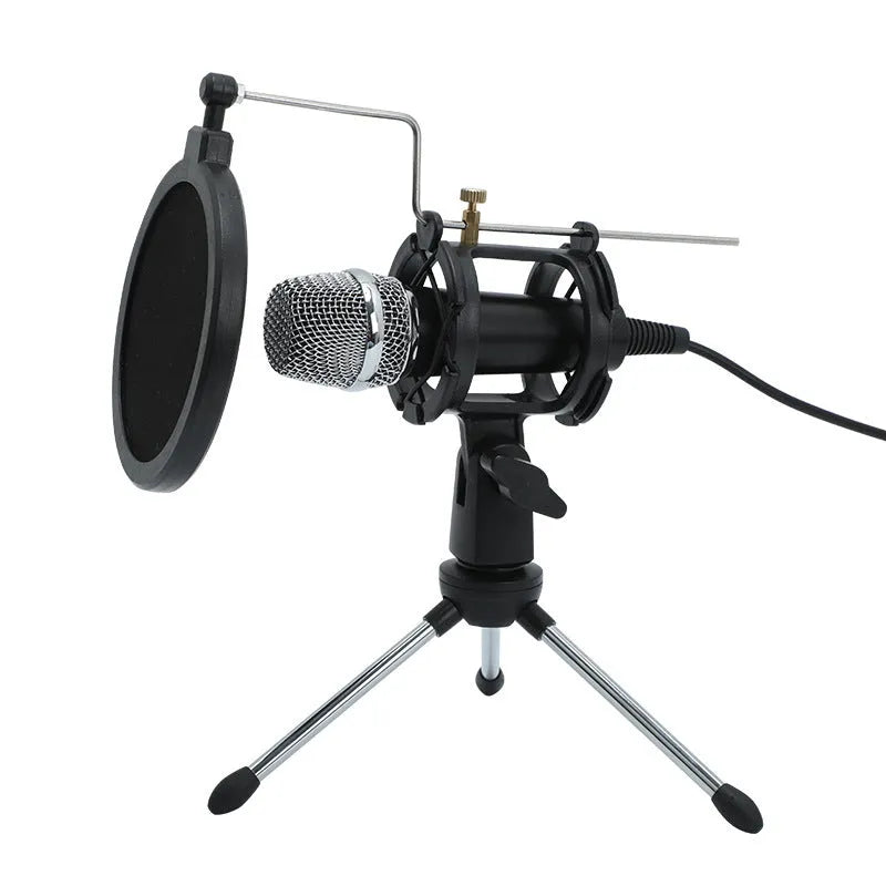 Black condenser microphone mounted on a silver aluminium adjustable stand with 3.5mm and USB cables.