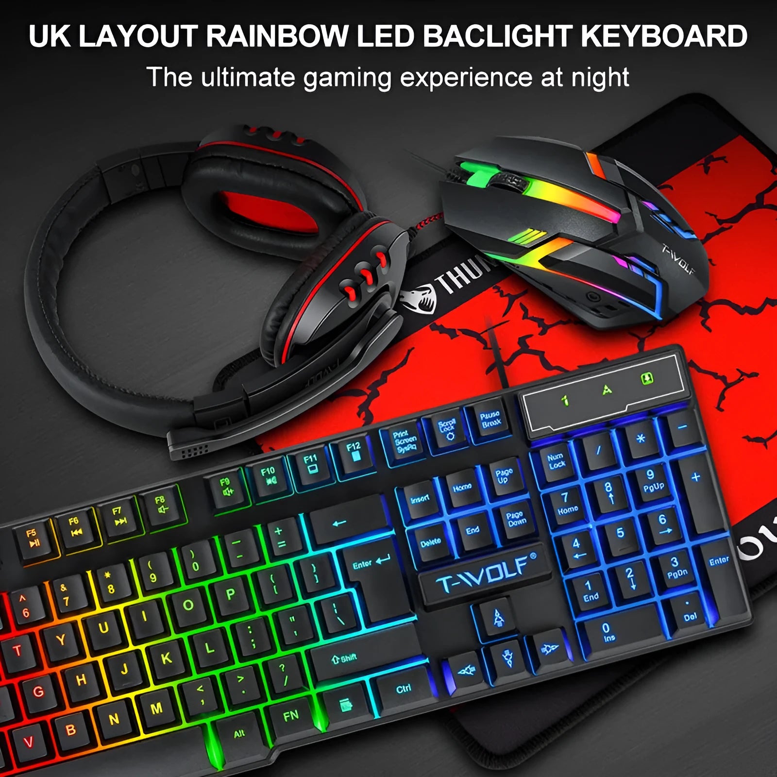 Thunder Wolf T800 gaming keyboard and mouse combo set with headset and mouse pad