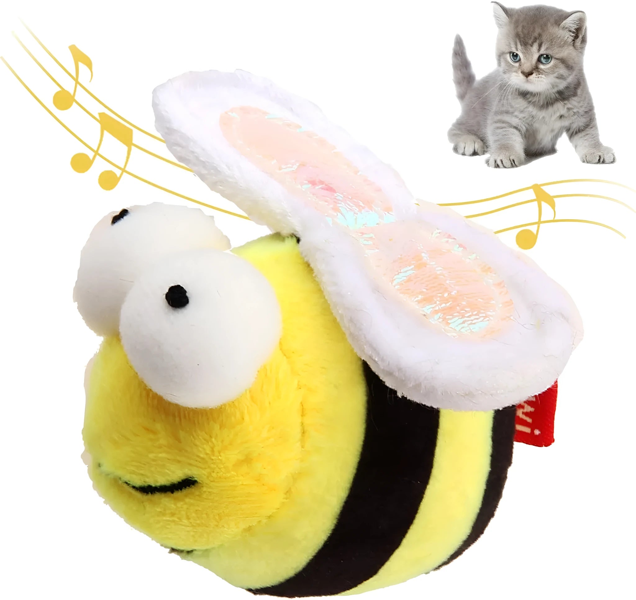 Yellow flannelette bee-shaped electronic cat toy with motion-activated chirping sound.