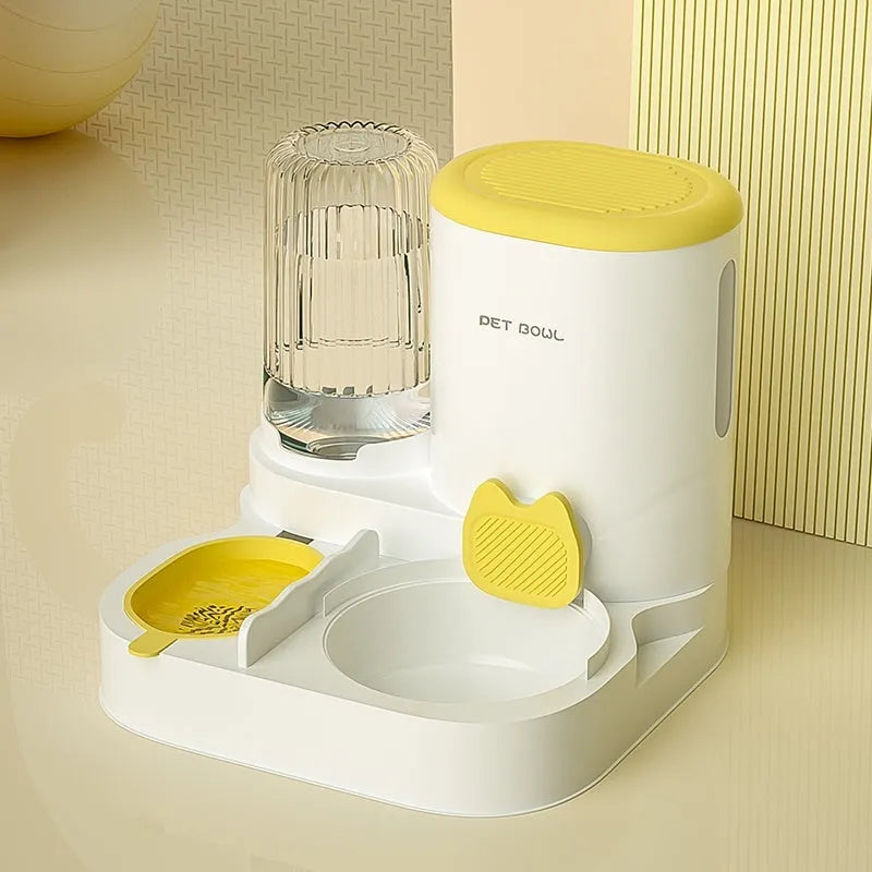 Automatic cat water fountain with integrated stainless steel double feeding bowl in avocado green colour