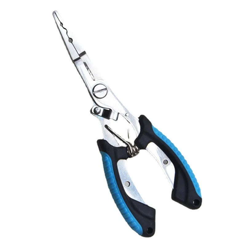 PE39 medium straight mouth fishing pliers with hook, showing SS420 steel construction and coloured ABS plastic handle.