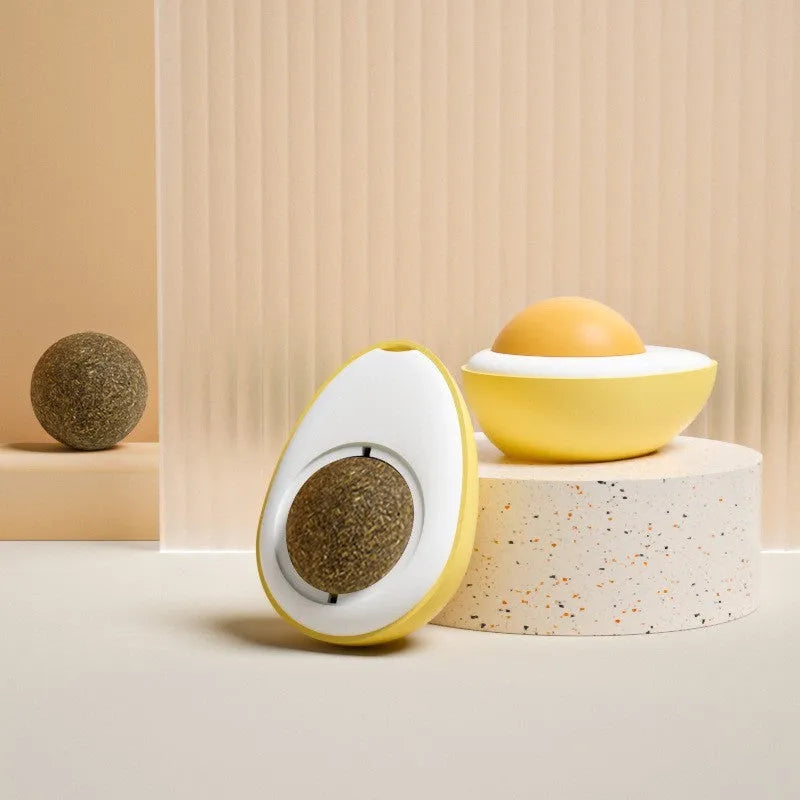 Catnip ball toy with suction cup attached to wall, showing Fried egg and Poached egg shape options