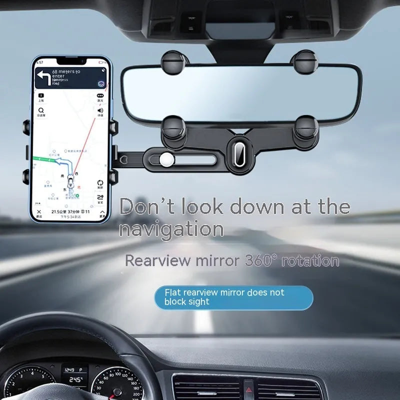 Car rear view mirror mobile phone holder bracket with retractable arm and snap-on clamp installation