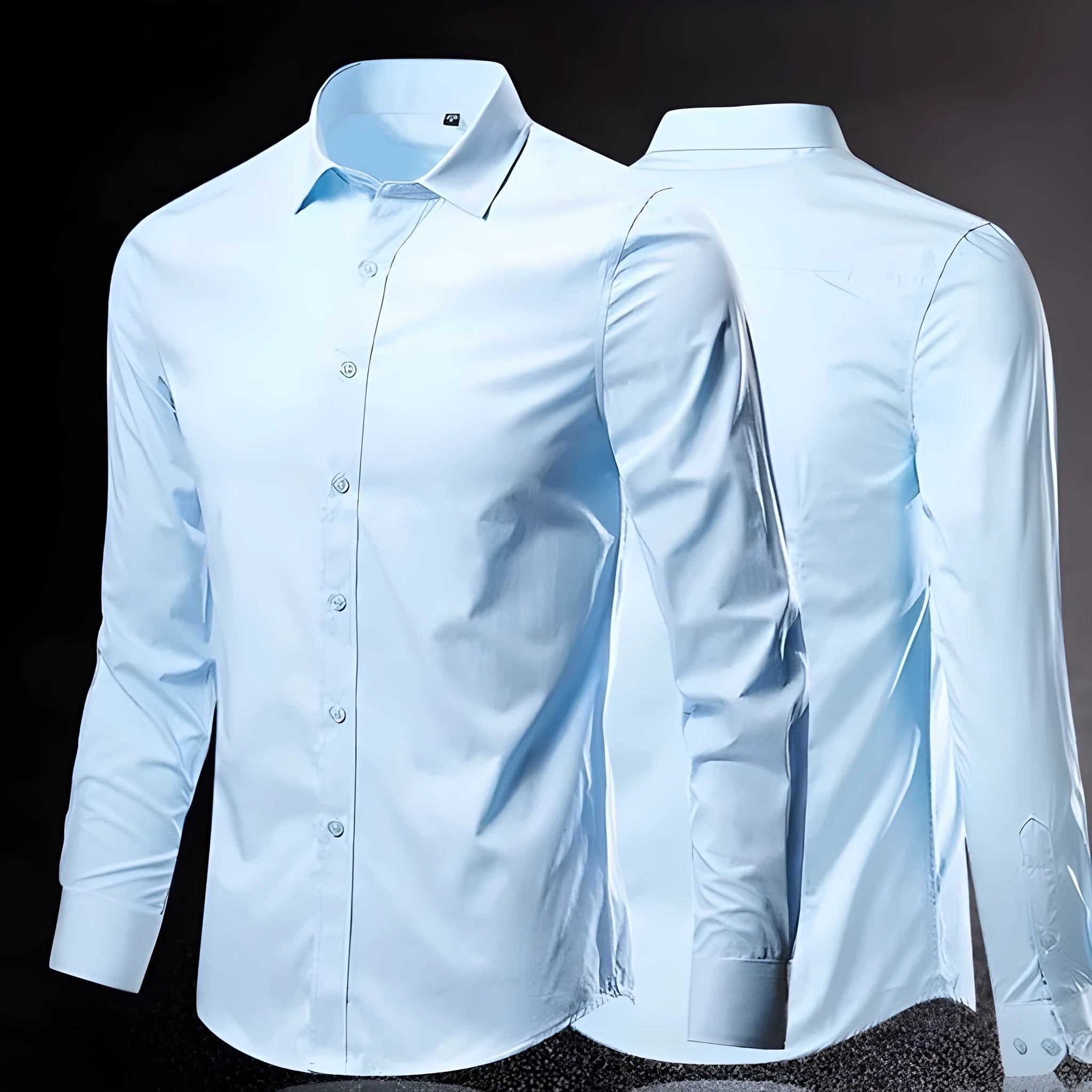 Men's loose fit long-sleeve linen shirt on a hanger, shown in a light colour.
