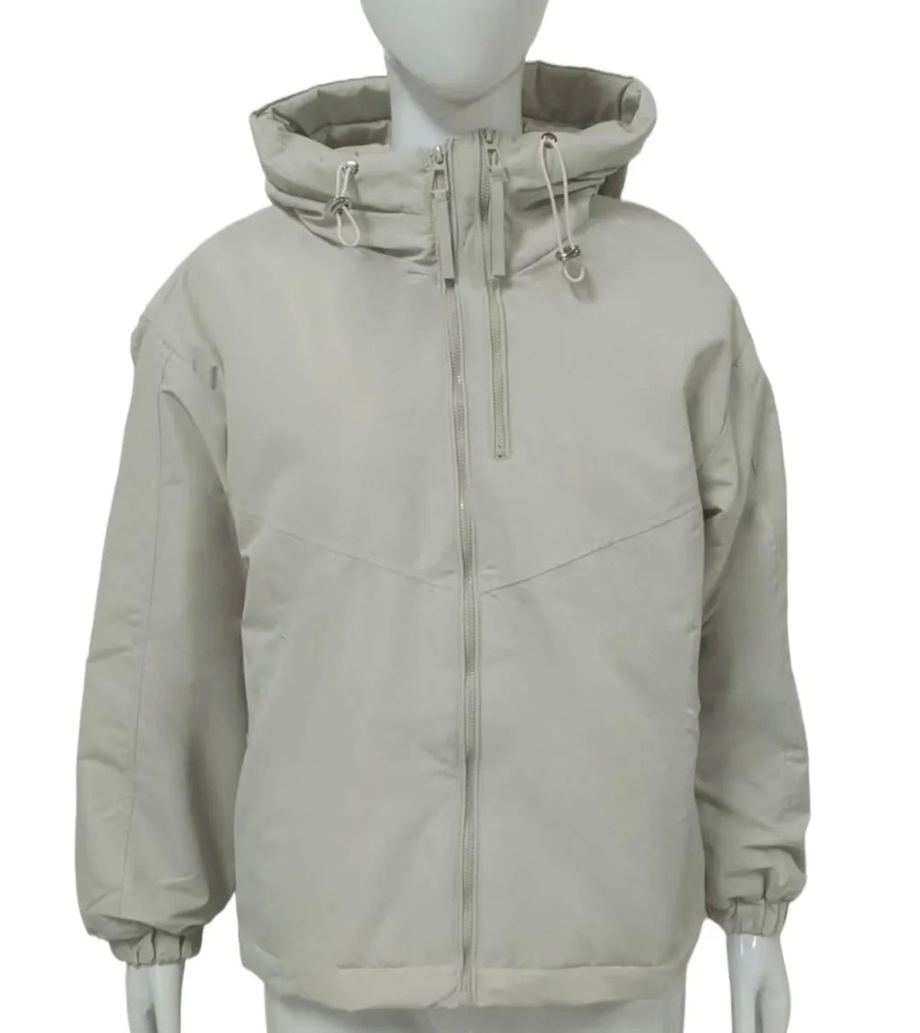 Women's hooded shell jacket in polyester available in grey, black, and purple with loose fit