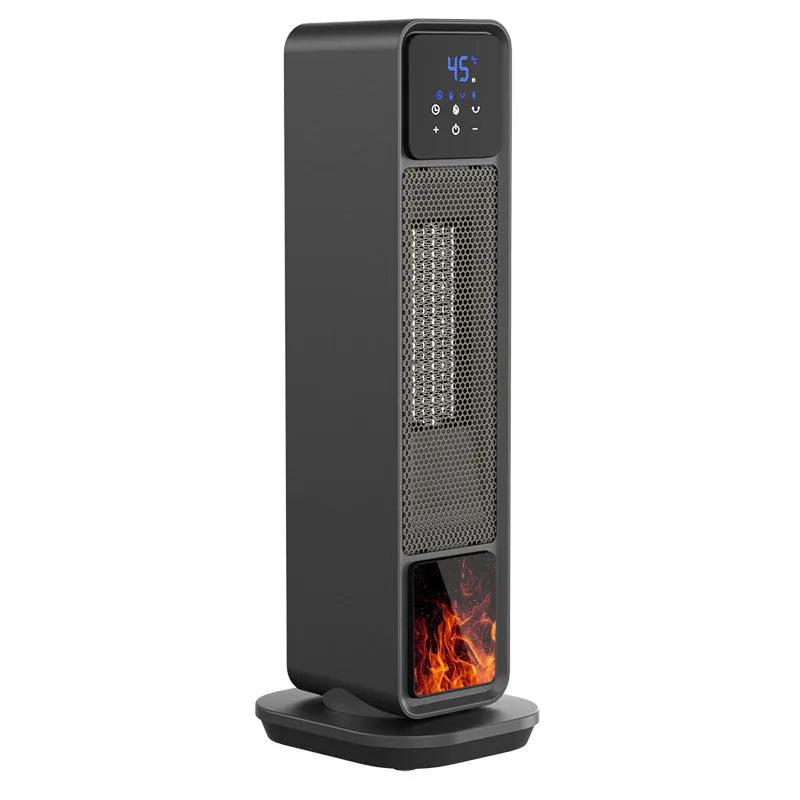 Black home standing electric heater with oscillating head, ceramic heating, and remote control on a floor