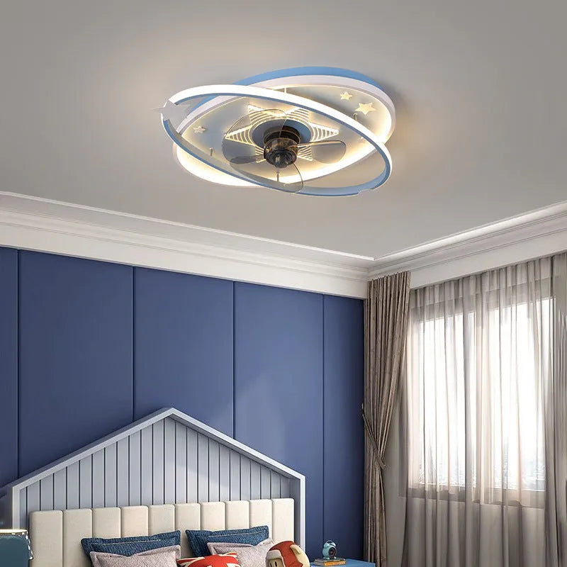 Modern iron-style children's bedroom chandelier with blue acrylic shade and remote control