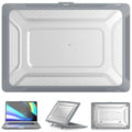 MacBook protective shell case shown in cold black, starry sky grey, elegant apricot, and sapphire blue colours.