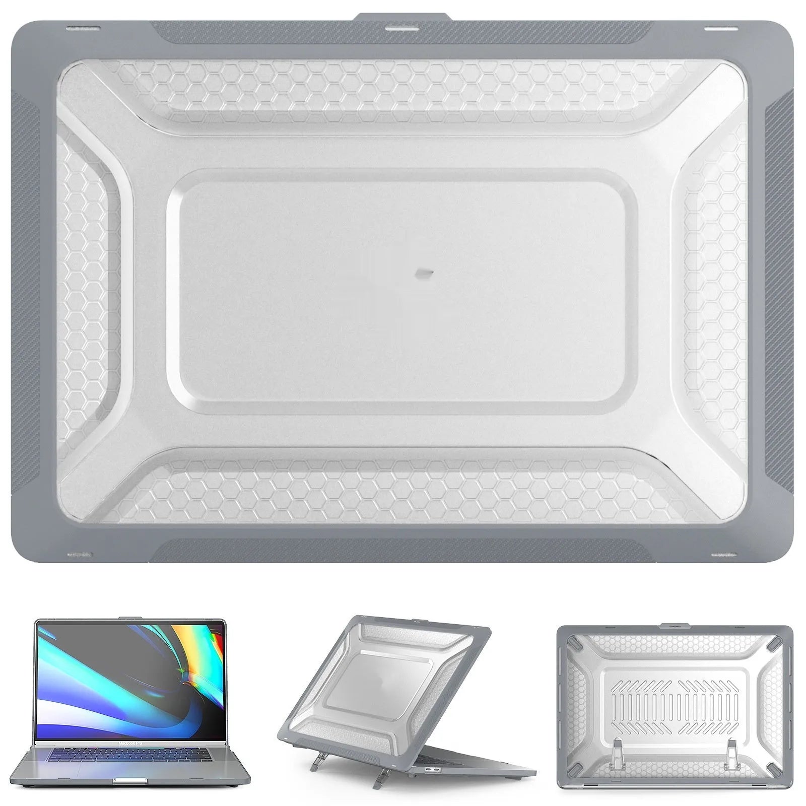 MacBook protective shell case shown in cold black, starry sky grey, elegant apricot, and sapphire blue colours.