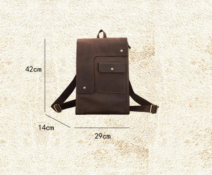 Dark brown genuine leather men's travel bag with shoulder straps and vertical square shape