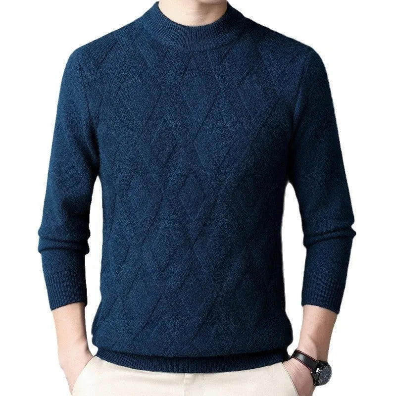 Men's diamond jacquard thermal sweater in wool blend fabric showing thick knit texture