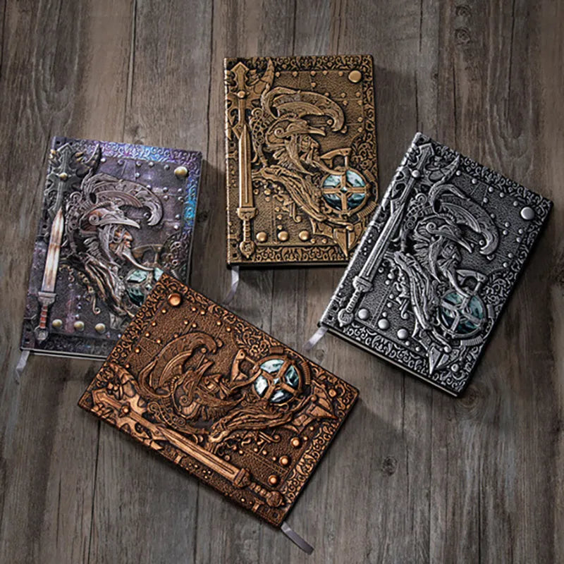 Leather A5 notebook with embossed 3D warriors relief design, open to show inner pages.