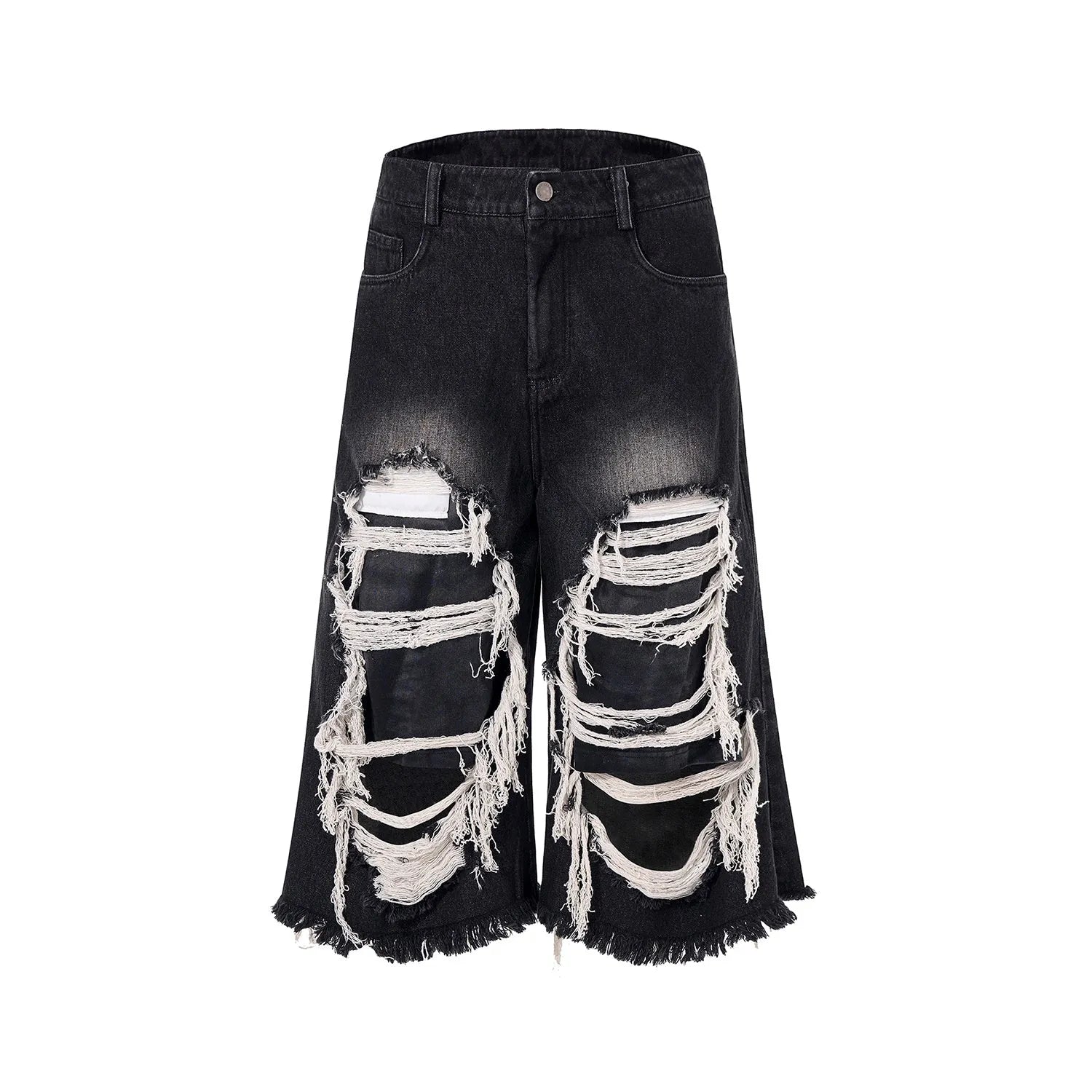 Woman wearing black distressed wide leg cropped jeans with ripped patches.
