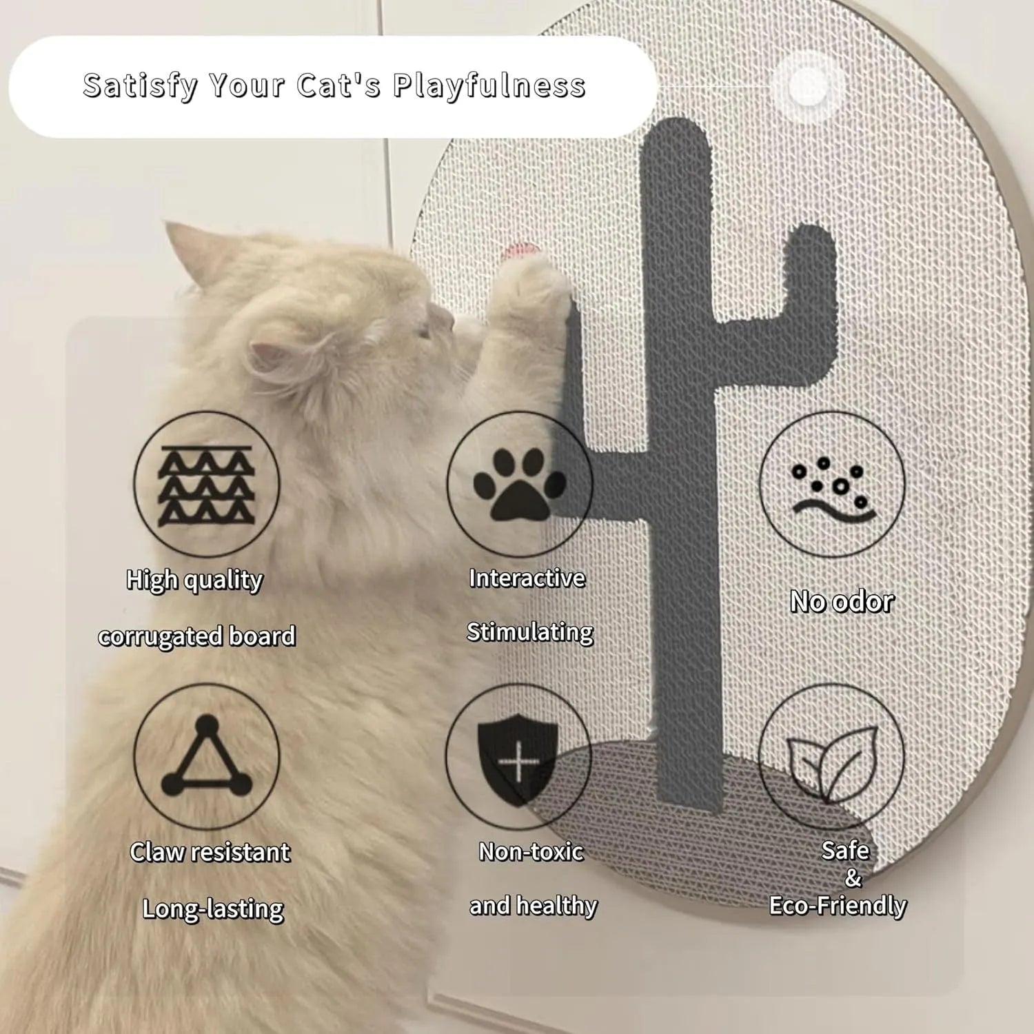 Wall mounted cat scratch pad with black cactus design, 35x44cm corrugated cardboard with catnip