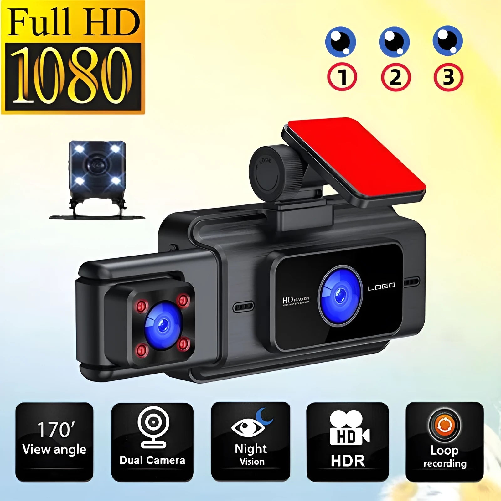 Black three-lens dashboard camera with 3-inch screen for front windshield installation