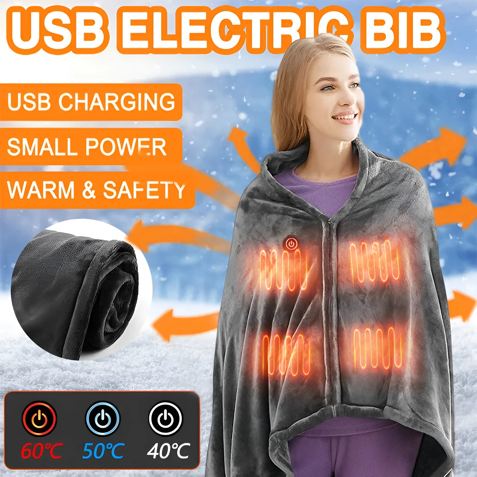 Dark grey USB heated coral fleece blanket with control button, shown folded.