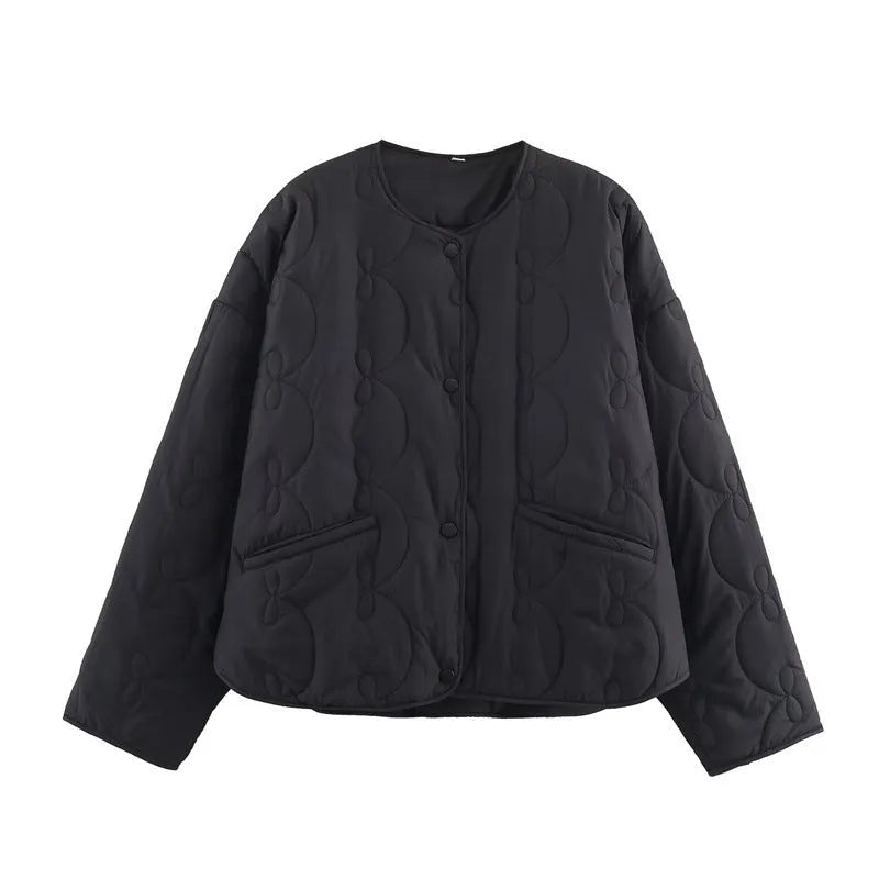 Women's bow quilted coat in black polyester, straight cut, medium thickness, regular sleeves, size M