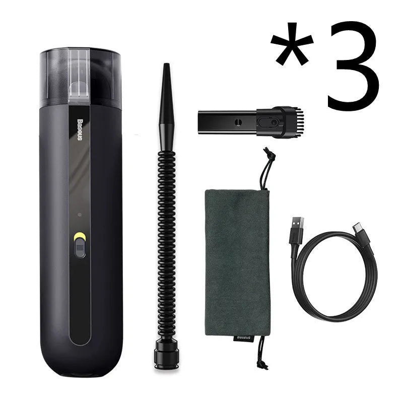 Baseus handheld cordless car vacuum cleaner with blowing hose, shown in black next to its 60ml dust cup.