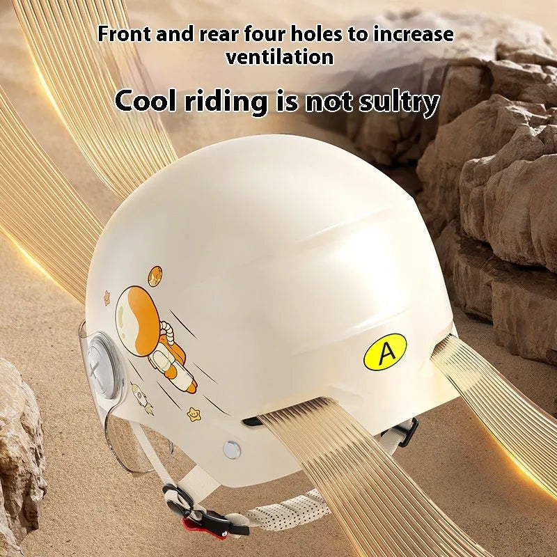 Khaki coloured ABS plastic motorcycle half helmet with a removable mirrored visor on a white background.