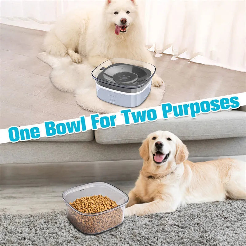 Transparent 70oz dog water bowl with floating disc showing visible water level measurement