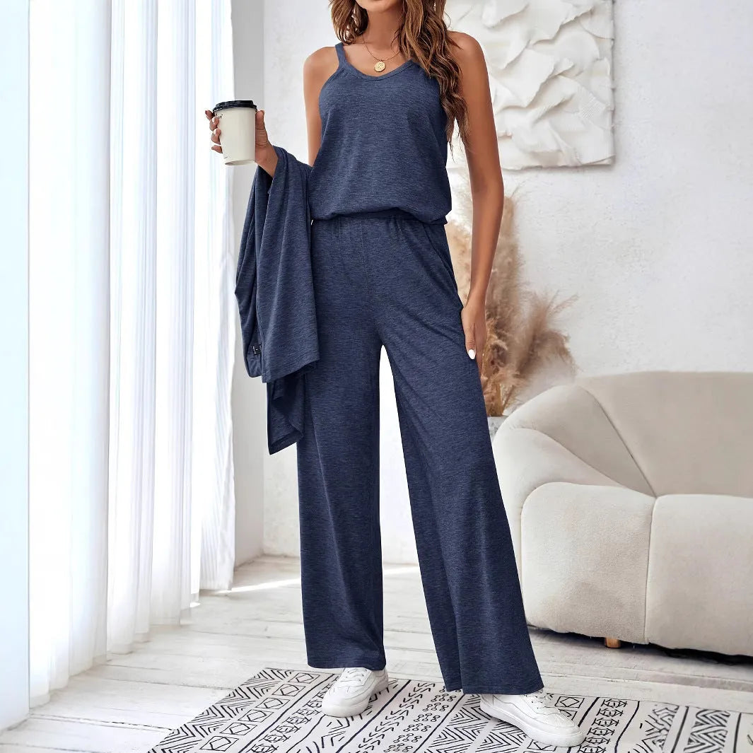 Blue polyester three-piece women's casual suit set with sling top, long cardigan, and trousers