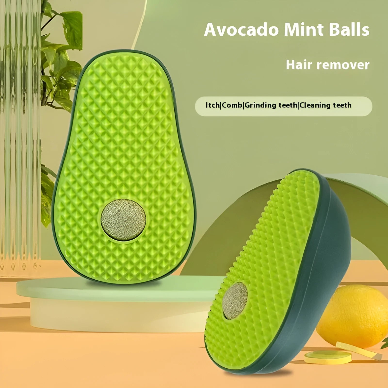 Green avocado-shaped cat scratching post toy on a plain background.