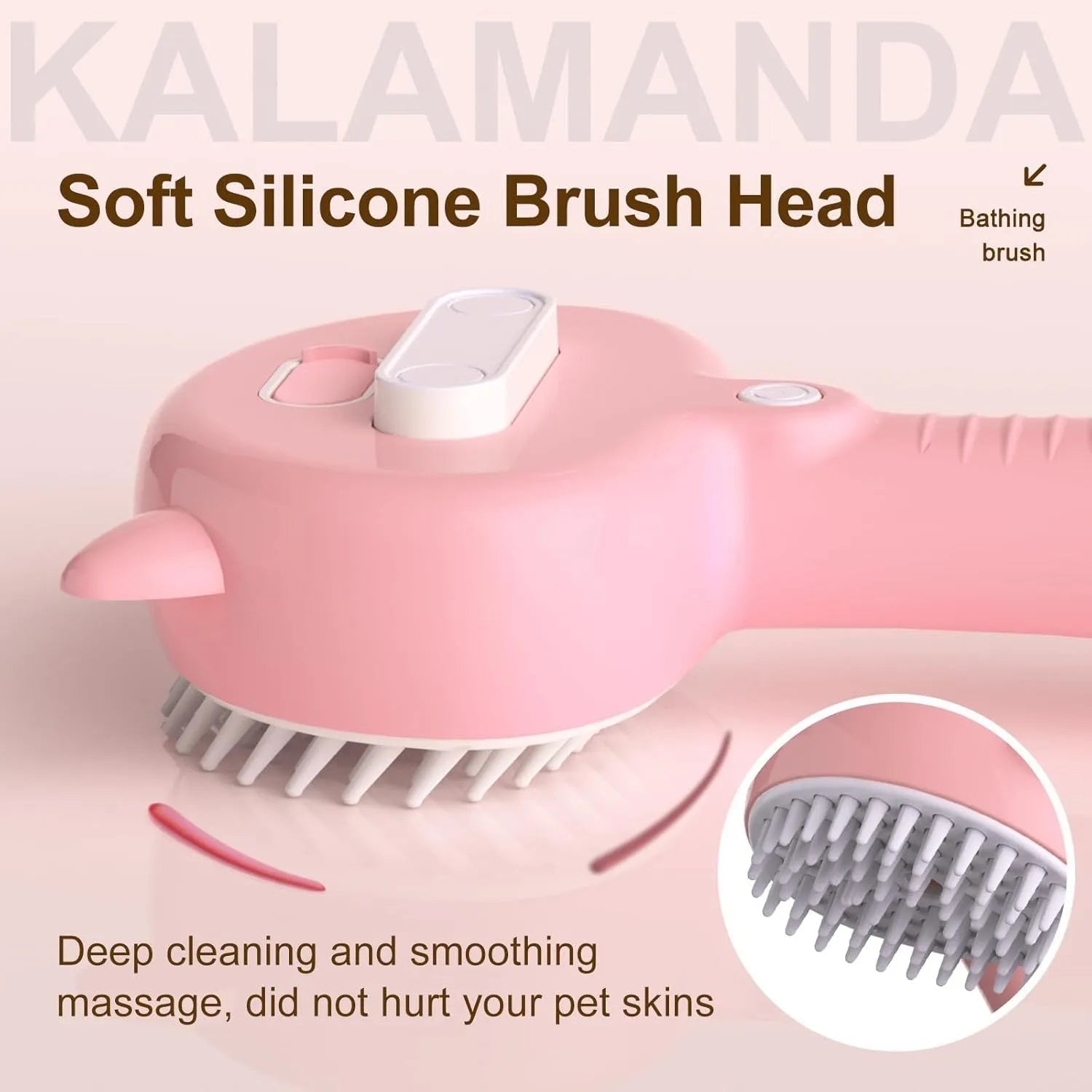 Cat ear-shaped steam grooming brush with blue handle and rubber bristles for pet hair removal