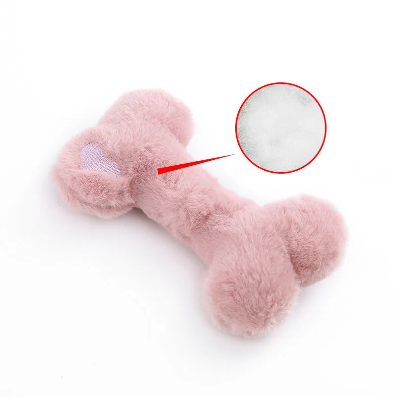Bone-shaped plush dog toy with squeaker in blue, pink, and yellow colour options