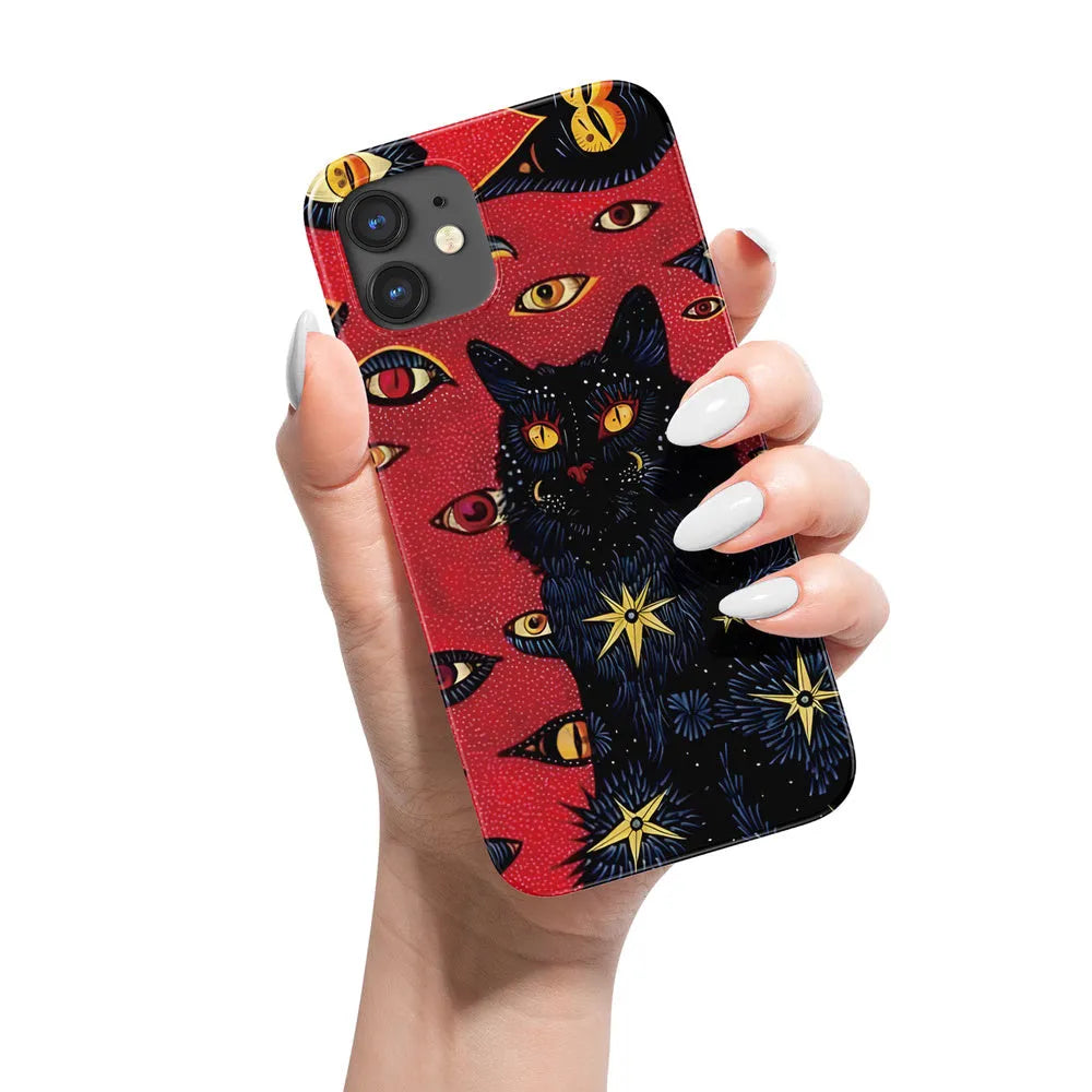 Retro cat eye design hard shell phone case for iPhone in glossy and frosted finish options.