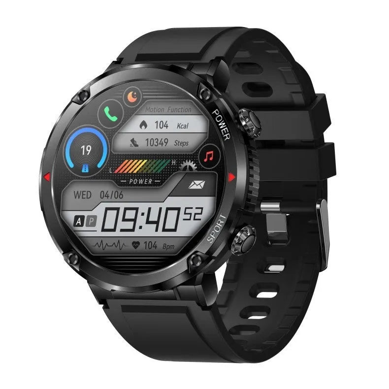 T30 Smart Watch with black silicone strap showing time and heart rate on its IPS screen.