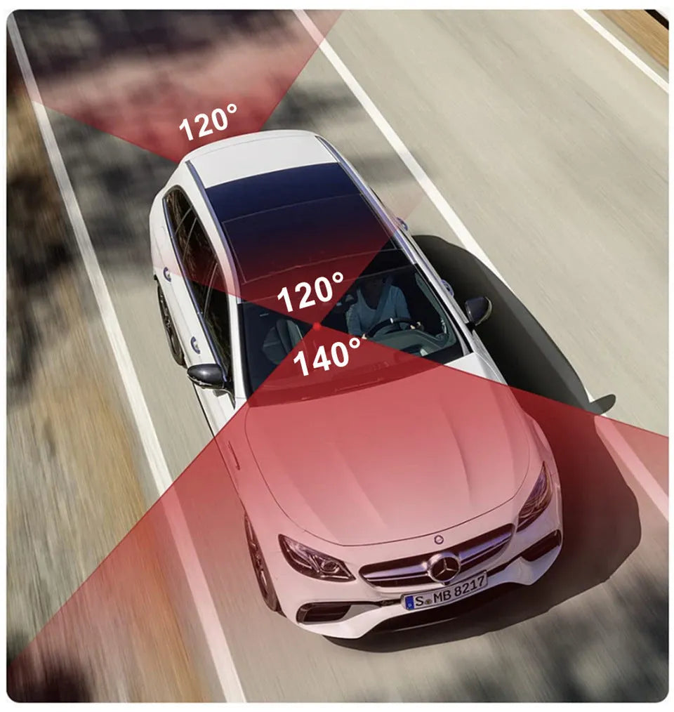 Black three-lens car dash camera recorder with touch screen display