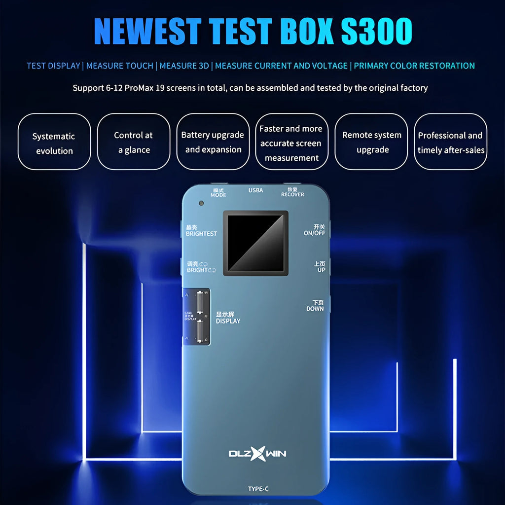 S300 Light model mobile phone screen tester for Huawei devices on a workbench.
