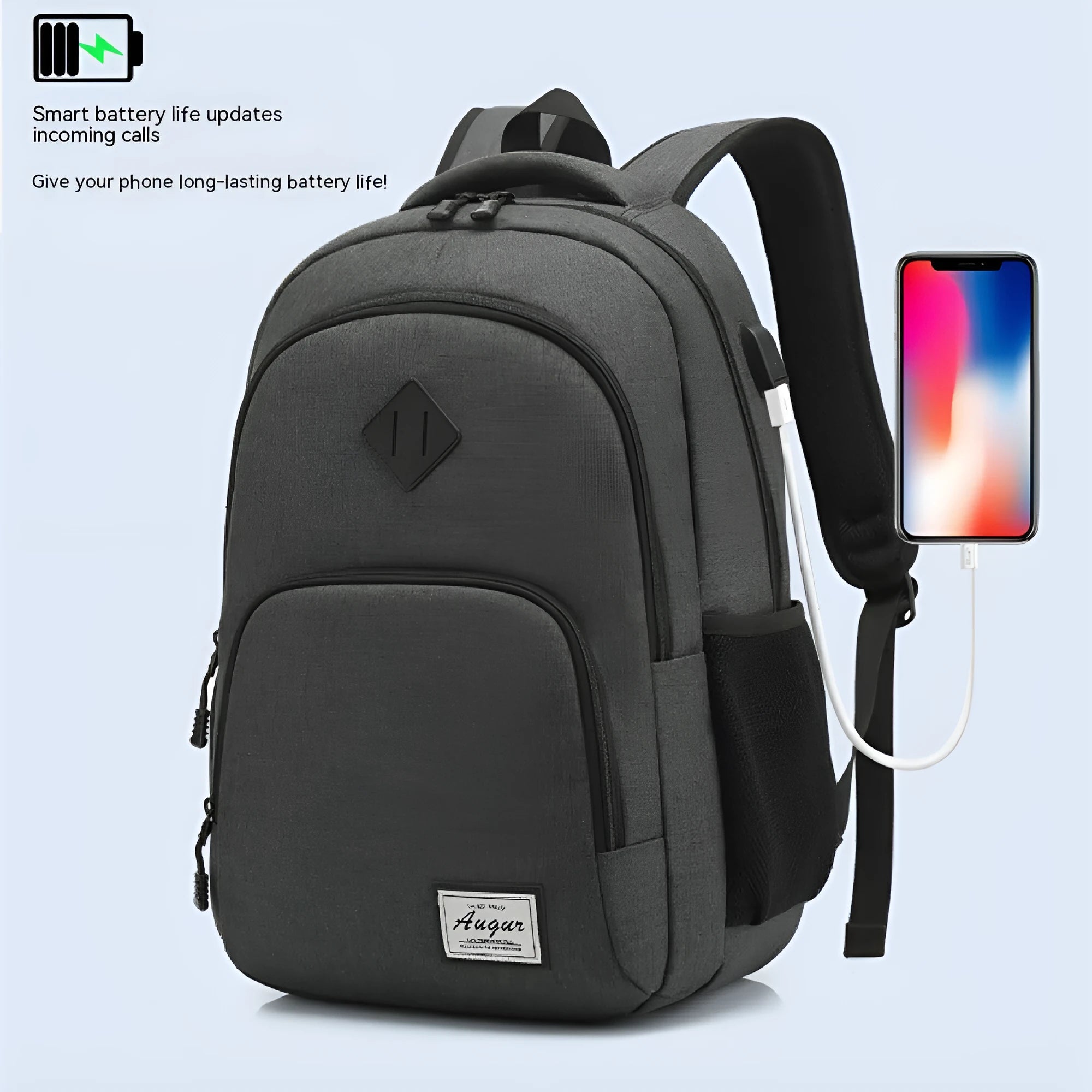 Grey lightweight backpack with USB charging port and trolley strap, showing dimensions 32cm x 15cm x 46cm.