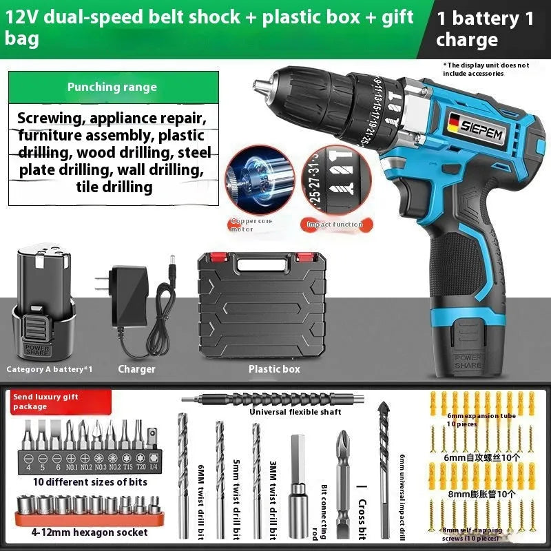 12V dual-speed cordless impact pistol drill and electric screwdriver in a plastic carry case.