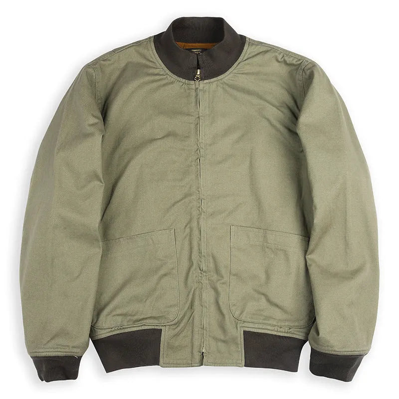 Men's cotton solid colour stand collar tank jacket in dark blue with long sleeves and round hem