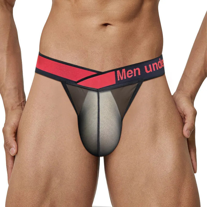 Men's black ice silk briefs with a low waist and large V gradient high fork design.