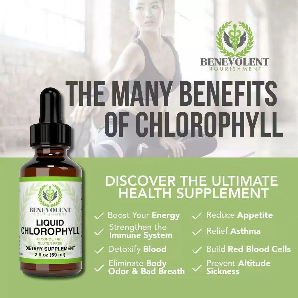 60 ml bottle of liquid chlorophyll drops with peppermint oil and a dropper for adult digestive support.