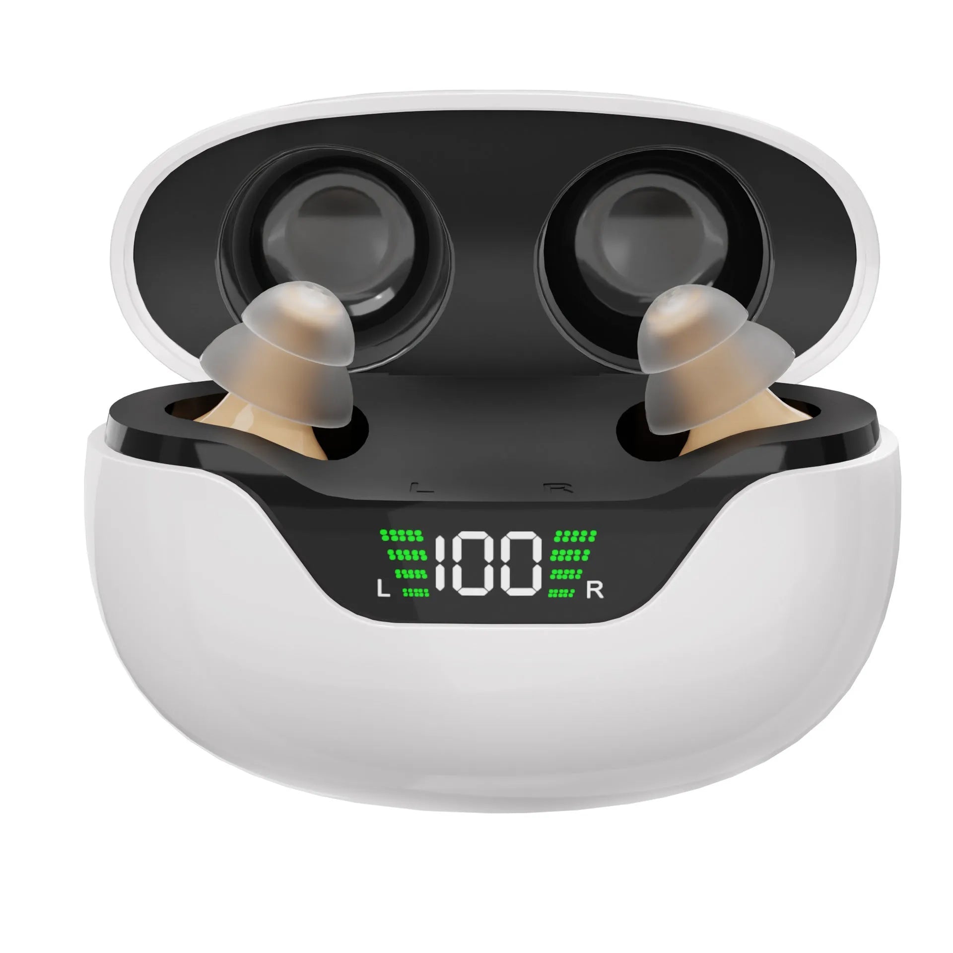 CIC digital hearing aid with charging compartment and digital display in skin colour matching