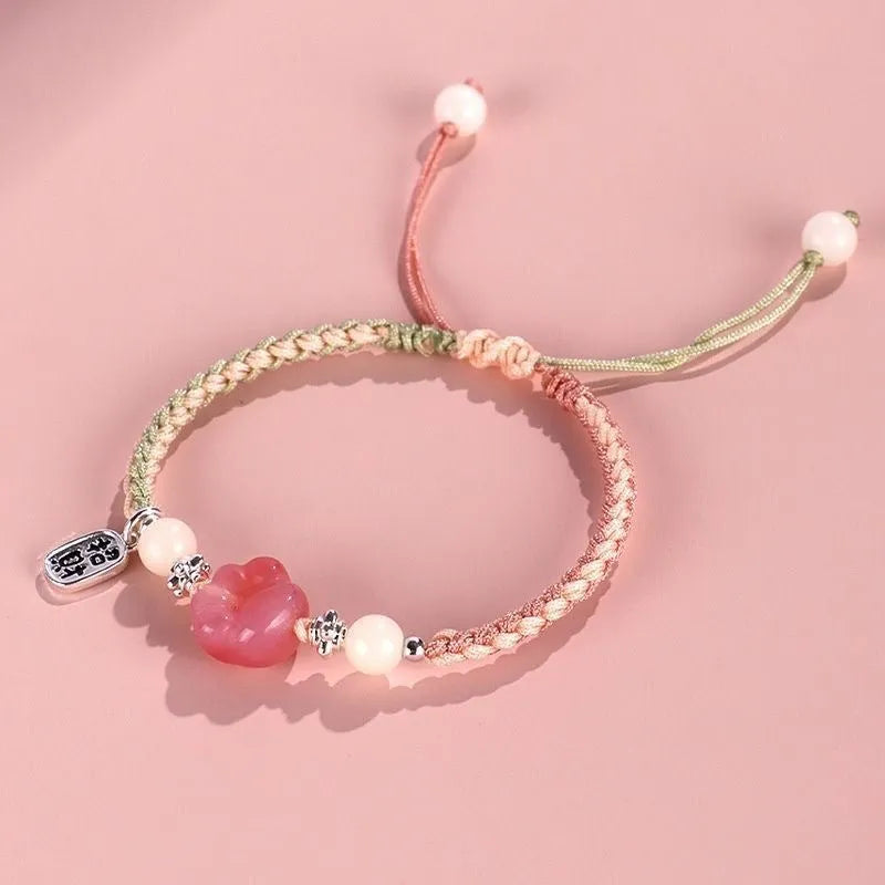 Red cat's paw woven couple bracelet with glass beads in pastoral style adjustable jewellery