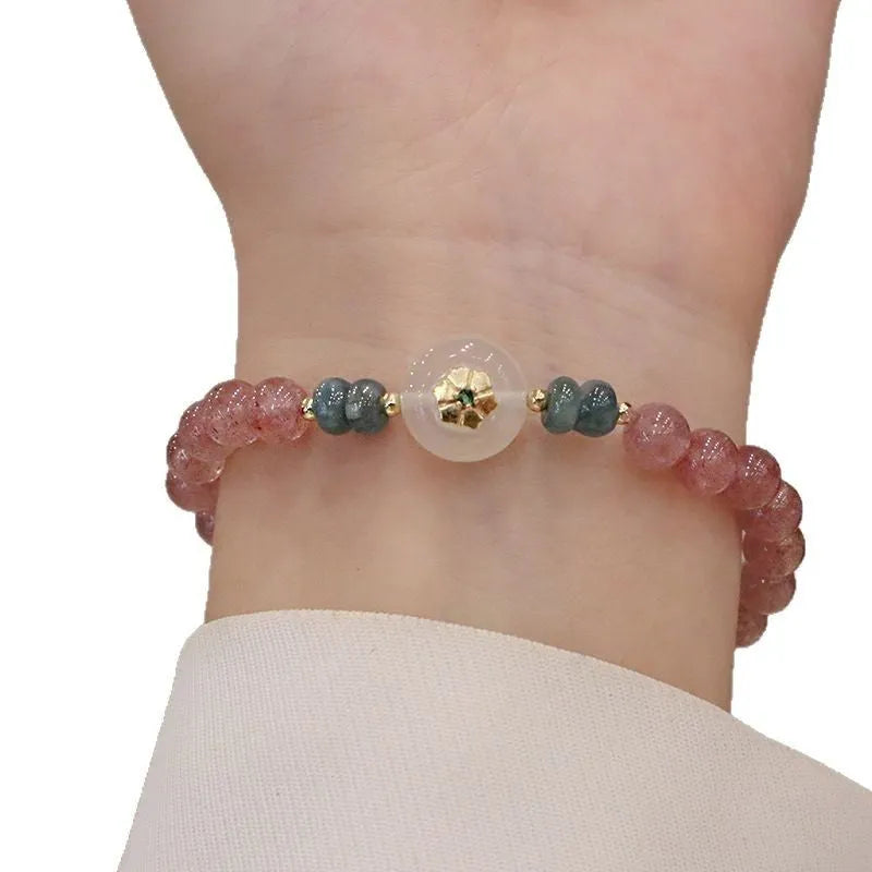Women's strawberry quartz bracelet with blue water emerald round jade pendant geometric design