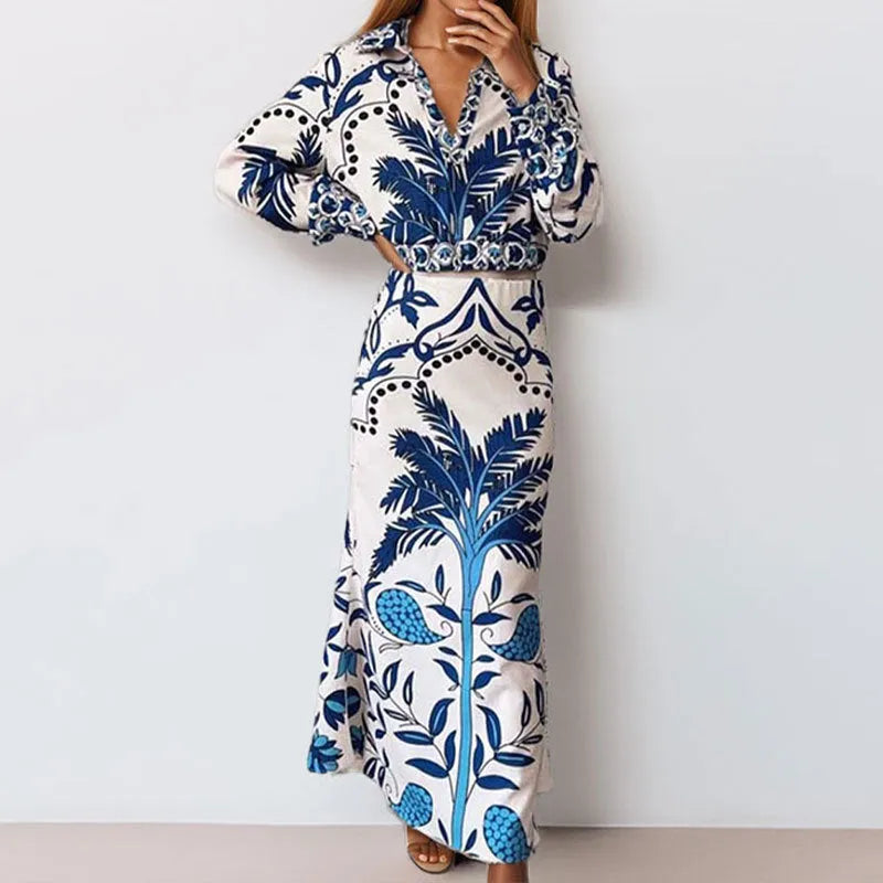 Early spring casual fashion set with long sleeve blouse and long skirt in picture colour
