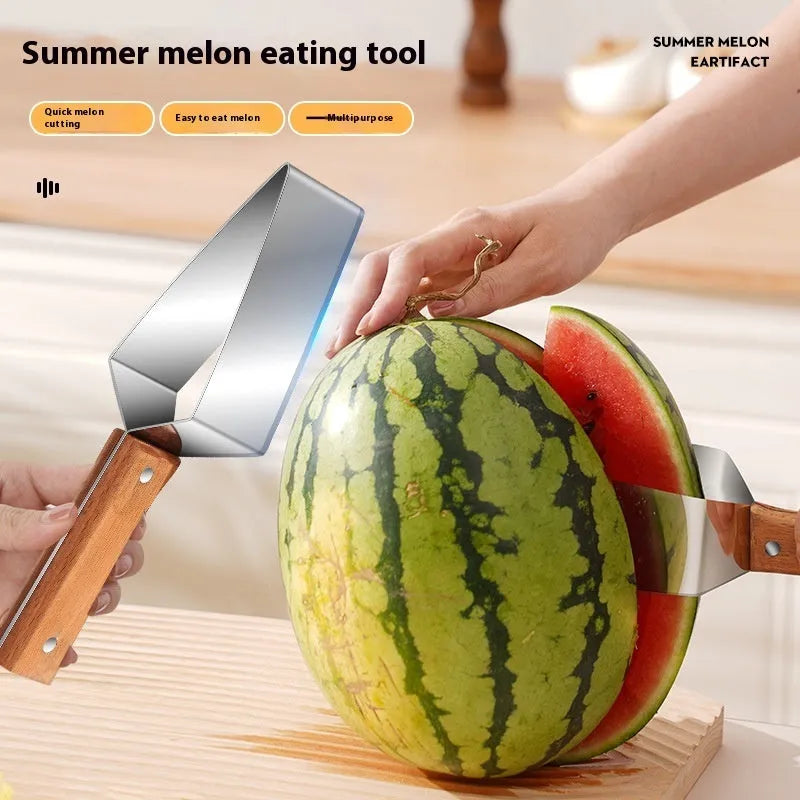 Stainless steel triangle fruit cutter knife with a removable protective cover for slicing melon and watermelon.