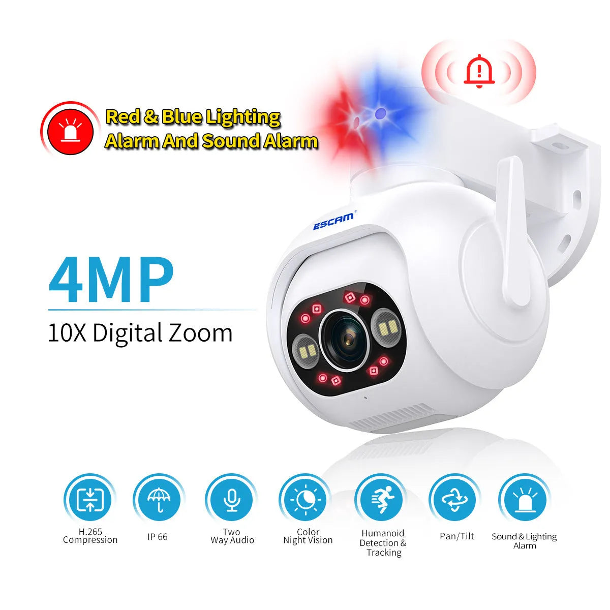 Outdoor 4MP IP66 security camera with wall mount bracket and colour night vision capability