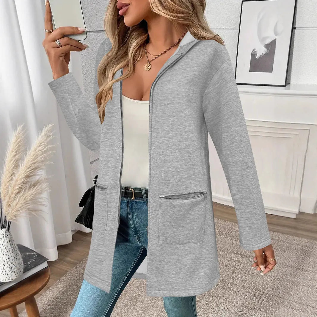 Loose grey mid-length cardigan coat for women with pockets, shown on a hanger.