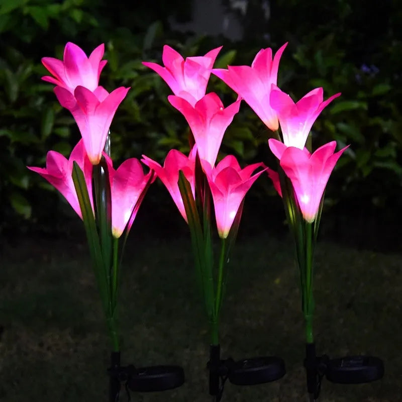 Flower-shaped solar lawn lamp with LED light for garden pathway illumination